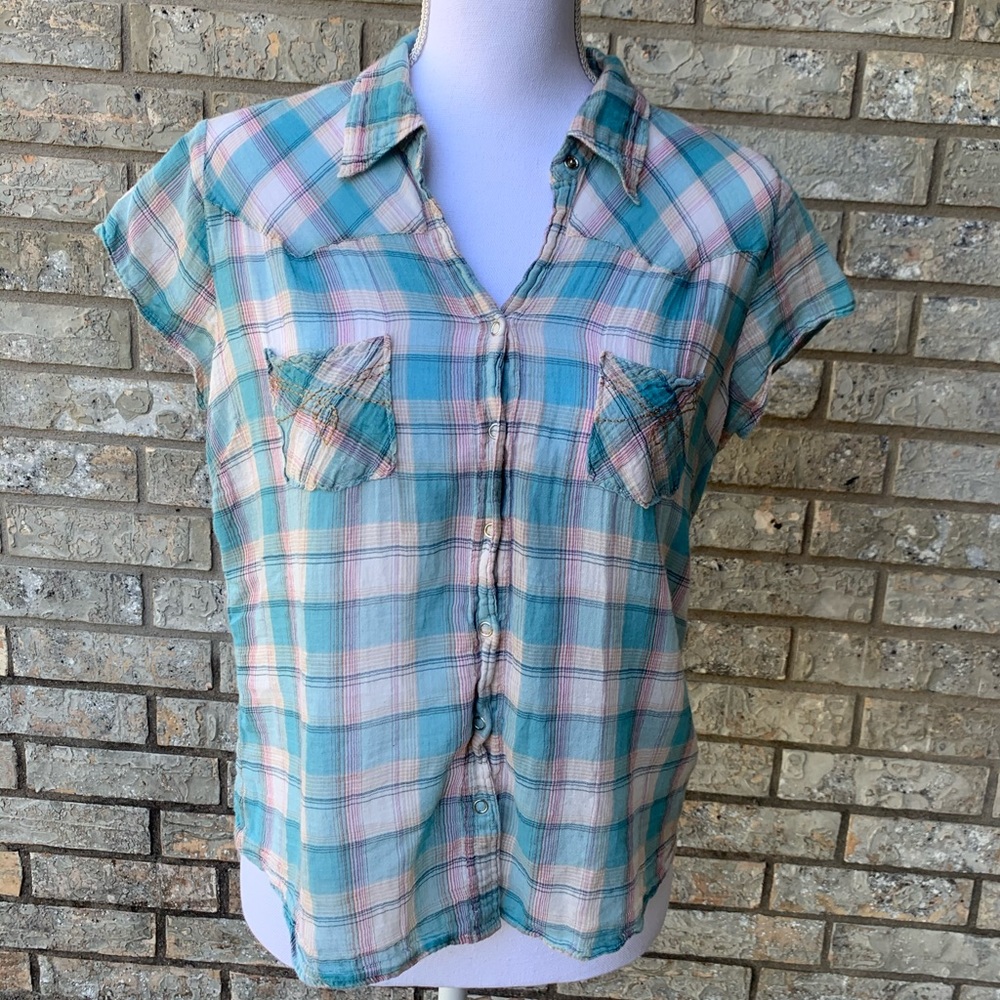 Girl Krazy Blue Plaid Juniors Top XL